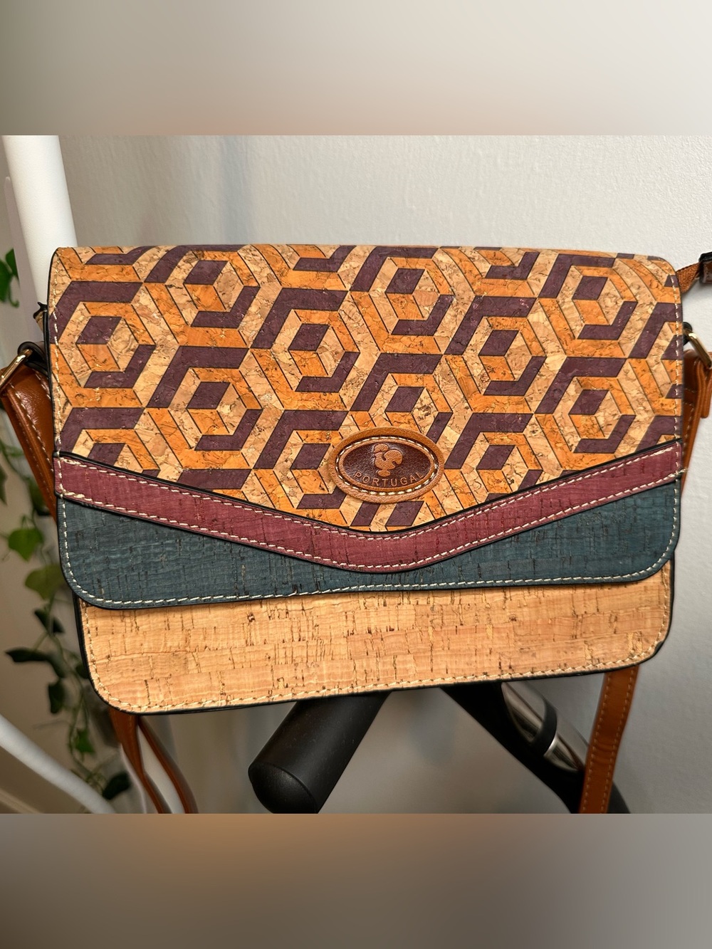 Portugal Cork Crossbody Bag in Geometric Brown and Teal